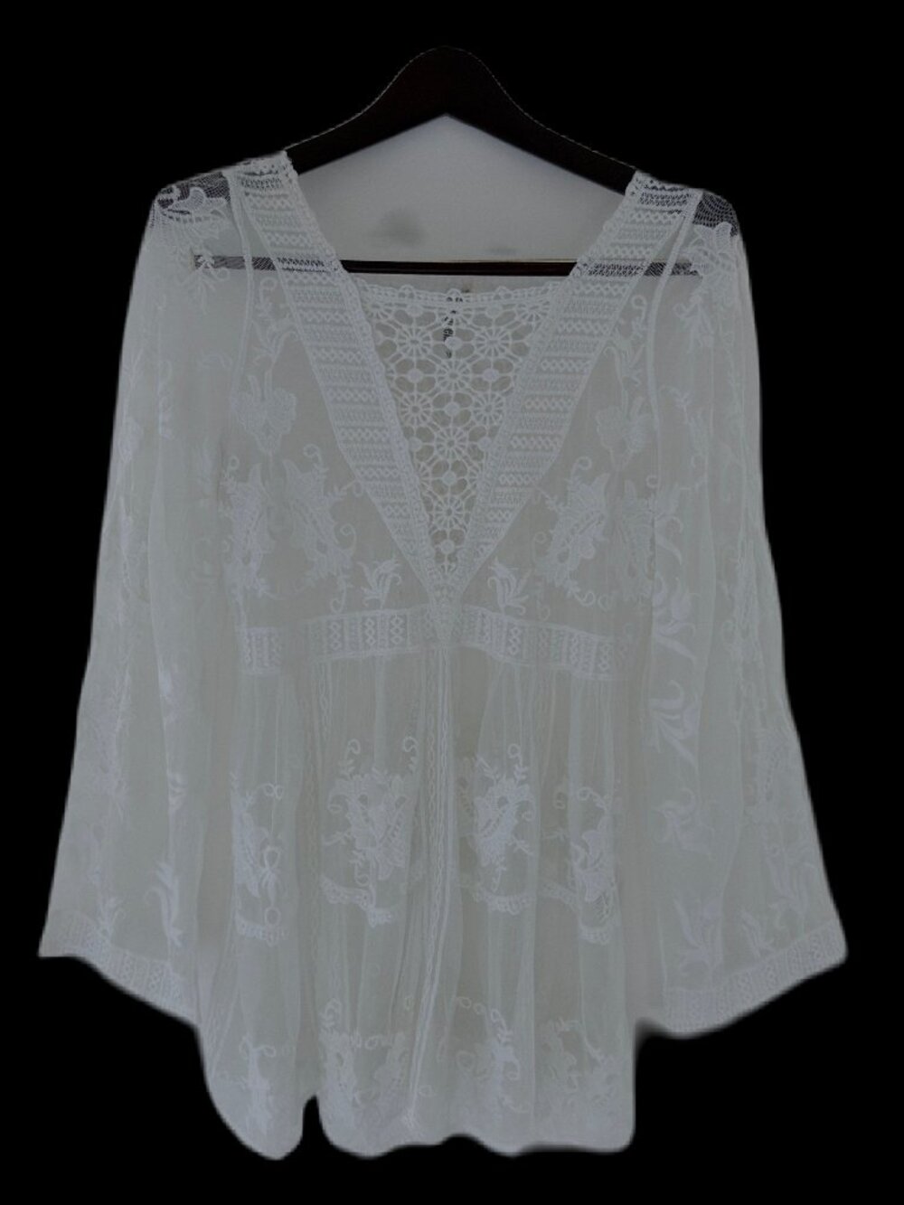 Monoreno White Sheer Embroidered Lace Mesh Boho Tunic Top M